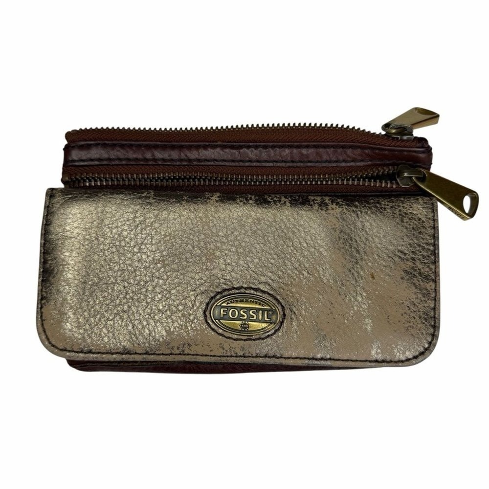 Fossil Metallic Gold Distressed Leather Bifold Wallet Brown Zip Pocket - Picture 1 of 6